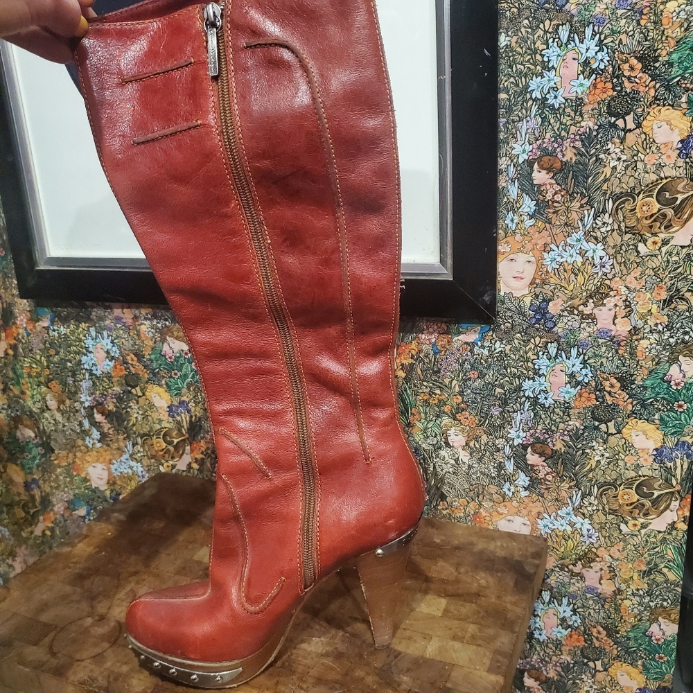 MARIO BoLOGNA Cognac Knee High Boots Wood Platform - Picture 8 of 8